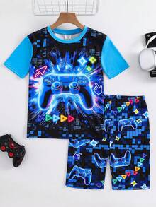 SHEIN Tween Boy 2pcs Snug-Fit Pajama Set - Neon Game Controller Print Round Neck Short Sleeve Top & Shorts, Soft & Skin-Friendly - Multicolor - View 8