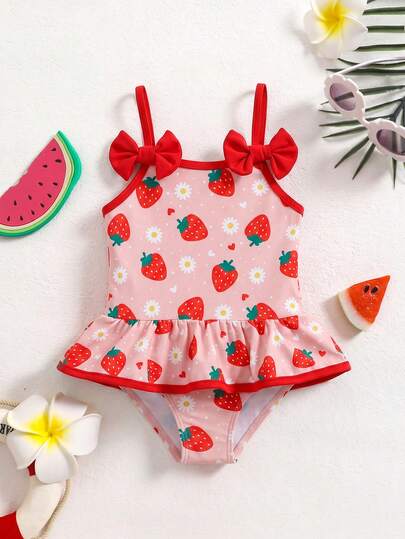 SHEIN Baby Girl Knitted Cute Grass Pattern Bow Swimsuit