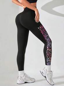 SHEIN Sports 女士斑马豹纹休闲运动紧身裤瑜伽裤 - 黑色 - 查看 2