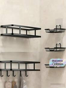 1PC Iron Storage Rack With Hook, Multipurpose Hole-Free Wall Mounted Corner Storage Shelf, Suitable For Bathroom, Bathroom Accessories, Room Decor Bathroom Accessories - Multicolor - View 1