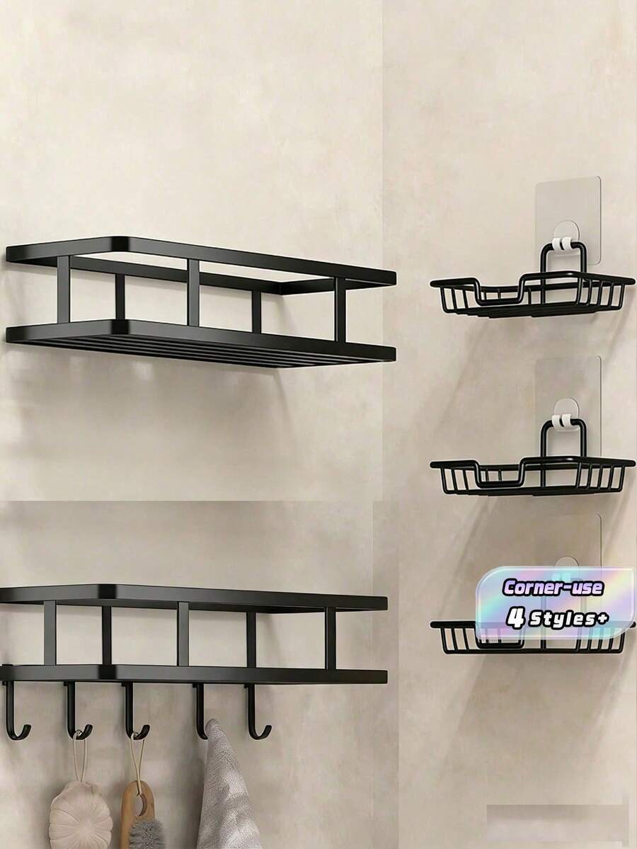 1PC Iron Storage Rack With Hook, Multipurpose Hole-Free Wall Mounted Corner Storage Shelf, Suitable For Bathroom, Bathroom Accessories, Room Decor Bathroom Accessories - Multicolor - View 1