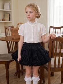 DAZY Young Girl Plain Short Petal Sleeve Single-Breasted Casual Shirt - White - View 7