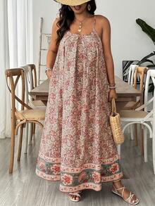 SHEIN VCAY Plus Size Women Allover Print Casual Party Slip Dress - Multicolor - View 6