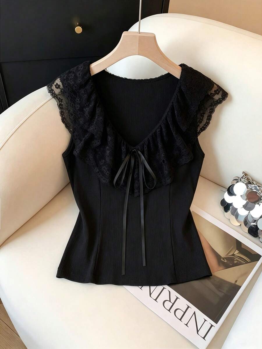 GlowEve Áo croptop ngắn màu đen không tay viền ren xếp nếp dành cho nữ mùa hè, kiểu dáng thời trang. - màu đen - Xem 1