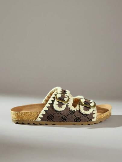 Solecia Solid Color Suede Fabric, Buckle Sandals, Metal Buckle Decoration, Sandals Women, Thick-Soled Outer Wear, Buckle Open Toes, Muffin Thick Soles, Slippers, Fashion Mops, Sandals, Beach Sandals, Suitable For Daily Wear