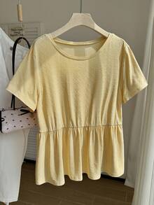 Comfortcana Plus Size Women Summer Casual Solid Color Short Sleeve Top Gym Brown - Yellow - View 4