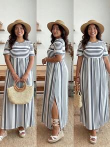 Enliva Vestido casual de manga corta con cuello redondo, estampado y a rayas para mujer de talla grande con abertura en el bajo, vestido de playa y vacaciones - Gris - Ver 4