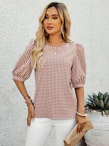 EMERY ROSE Women's Casual Vacation & Commute Plaid Print Lantern Sleeve Loose Blouse, Summer - Multicolor - View 4