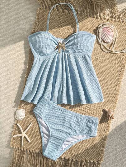 SHEIN Teen Girl Solid Color Metal Decor Halter Tankini Top And Triangle Bottoms Swimsuit Set, Suitable For Summer Vacation