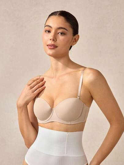 Veilyse Peach Girl Beige Shiny Lift & Support Bra, Bandeau Style, Detachable Straps, Lift & Enhance Bust, Breathable & Stylish Back Design, Suitable For Daily Wear