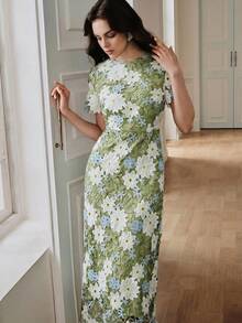 Đầm maxi dáng chữ A cổ tròn tay ngắn in hoa thanh lịch mùa xuân/hè mới của Anewsta, phù hợp cho nhiều dịp, ngày lễ tình nhân, các lễ hội, đầm maxi duyên dáng dành cho nữ. - màu xanh lá - Xem 6
