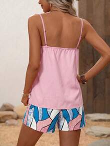 Breezaya Set da 2 pezzi composto da canotta monocromatica minimal per uso quotidiano e pantaloncini stampati - Rosa - Visualizzare 2