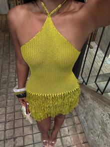 SHEIN BAE 夏季设计感纯色百搭露背流苏度假连衣裙，女士款 - 綠色 - 查看 5