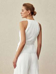 MOTF PREMIUM LINEN DOUBLE WAIST BELT HALTER BLAZER VEST, SPRING/SUMMER - White - View 3