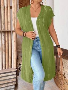 SHEIN LUNE CURVE Plus Size Women's Sleeveless Hollow Out Long Cardigan, Lightweight, Suitable For Vacation, Commute, St. Patrick's Day, Spring/Summer - Olive Green - View 7