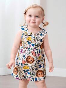 CoComelon X SHEIN Đầm không tay in hoa và hoạt hình cho bé gái - Màu be - Xem 1