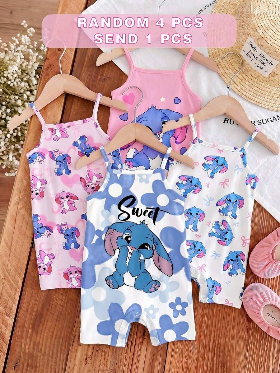 White,Summer,Cute,Family Matching Baby Girl Casual Strap Romper,Kawaii Cartoon Blue Rabbit Lulu & Stitch Pattern,Ballerina Style Blue Gradient Floral - Multicolor - View 1