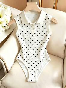 SHEIN Franclia 女士波点印花 Polo 领休闲连体衣 - 白色 - 查看 1