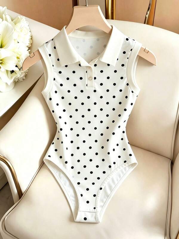 SHEIN Franclia بودي سوت كاجوال بياقة بولو مطبوع بنقاط للنساء