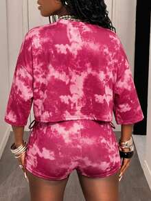 Slaydiva Light Pink Summer Kawaii Night Out Club Woman 2 Piece Sets Round Neck Drop Shoulder Loose T-Shirt&Side Strap Slim Shorts Imitation Snowflake Print - Hot Pink - View 2