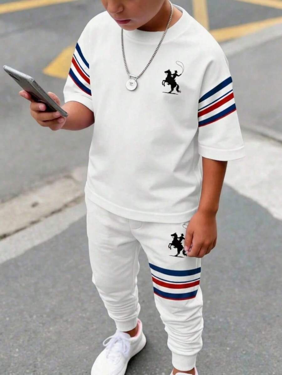 Teen Boy Casual Minimalist Short Sleeve Crew Neck T-Shirt And Pants Set,White,Summer,Street Life Casual Graphic Street Fashion,Streetwear Outfits