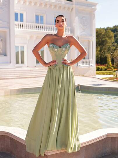 Glamrae Váy chiffon satin màu xanh lá cây thanh lịch, lãng mạn, thời trang và trang nhã với họa tiết thêu, phần thân trên có gọng, dáng chữ A, phù hợp cho các bữa tiệc sang trọng, váy dự đám cưới, tiệc độc thân, tiệc tối trang trọng.