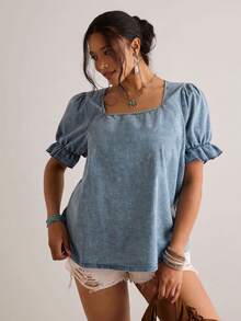 Freevana Plus Size Solid Color 10% Cotton Lace Patchwork Square Collar Short Sleeve Blouse - Green - View 5