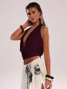 SHEIN BAE Women's Solid Color Plunging Draped Neck Halter Top,Summer Top - Maroon - View 4