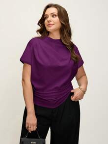 Comfylo 3D Pleated Solid Color Plus Size Short Sleeve Top - Purple - View 3