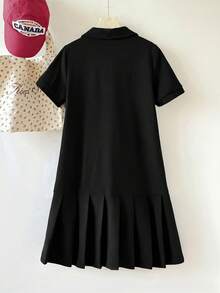 SHEIN Đầm nữ tuổi teen màu đen cổ polo thêu họa tiết, xếp ly, kiểu dáng đồng phục học sinh. - màu đen - Xem 2