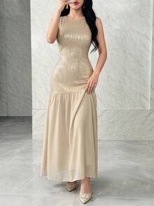 Feyla Vestido de mujer de gasa con parches de lentejuelas elegante - Albaricoque - Ver 2