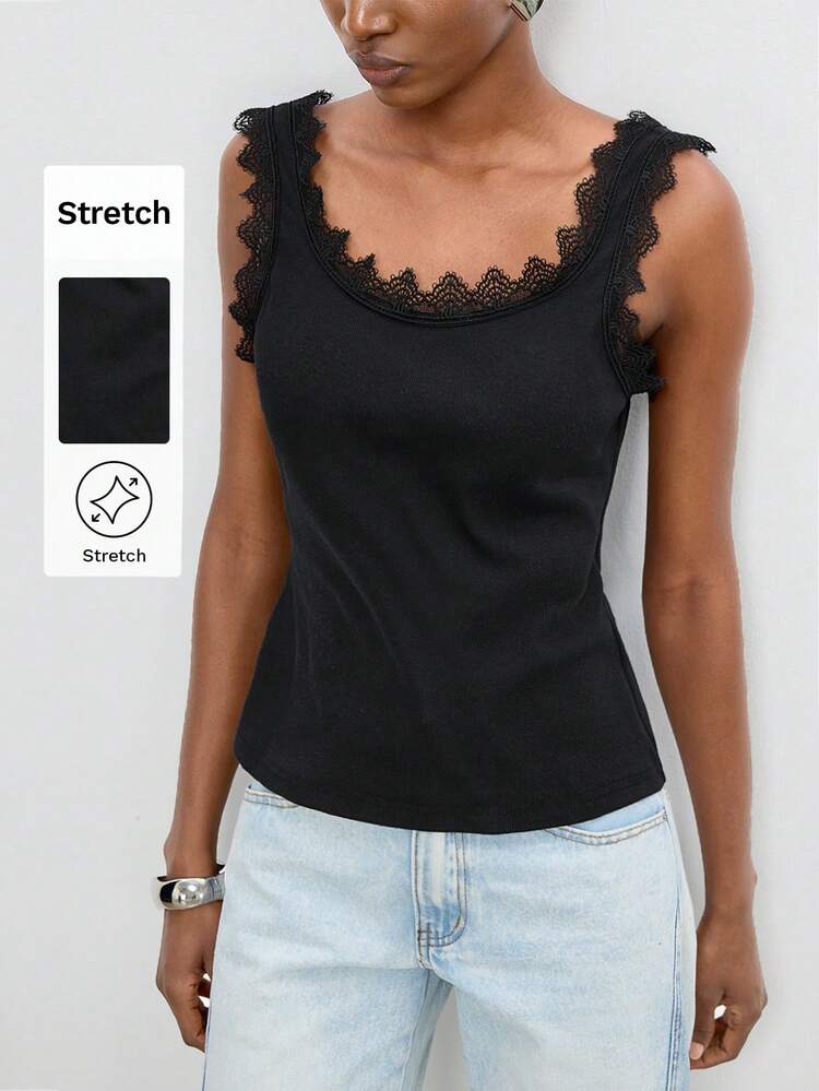 SHEIN Maija Women's Solid Color Contrast Lace Casual Fashion Camisole,Going Out Outfits,Summer Outfits, Vacation Dresses