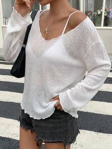 DAZY 女士宽松深V领长袖透视休闲上衣，都市街头风夏季T恤 - 白色 - 查看 5