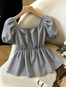 Franclia Áo sơ mi nữ màu xanh sọc mới, tay phồng, thắt nơ phía trước, eo xếp ly, vạt xòe, thích hợp mặc đi chơi, đi nghỉ mát hoặc đi làm. - Xám - Xem 2