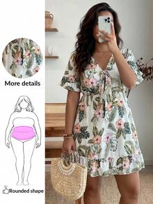 Enliva Váy buộc dây phía trước họa tiết cây và hoa cỡ lớn dành cho nữ, phù hợp cho mùa hè - trắng - Xem 1