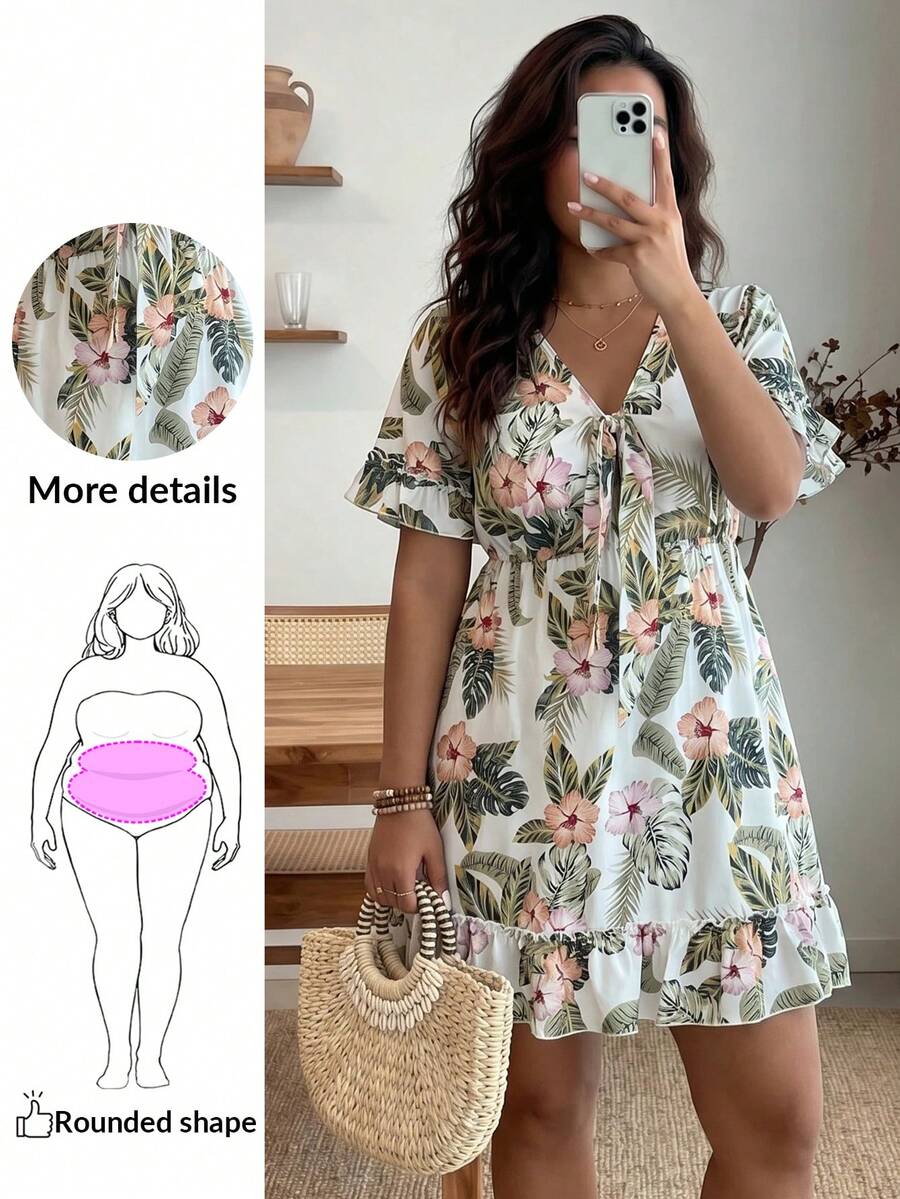 Enliva Váy buộc dây phía trước họa tiết cây và hoa cỡ lớn dành cho nữ, phù hợp cho mùa hè - trắng - Xem 1