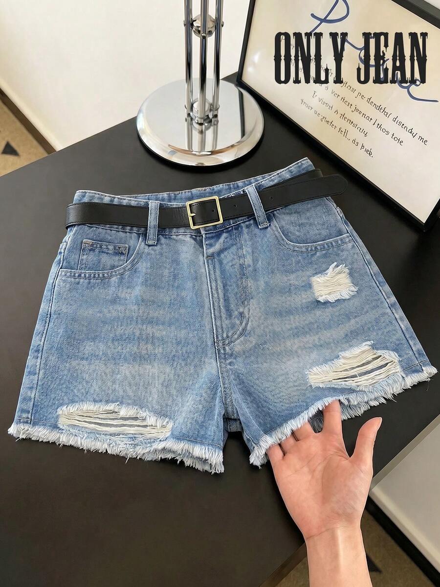 SHEIN 少女牛仔短裙,复古休闲不对称系带可爱时尚牛仔裙,蓝色,适合派对、音乐节、暑假穿着,Y2K风格 - 藍色 - 查看 1