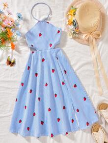 Elladie kids Đầm chữ A cổ yếm màu xanh nhạt và trắng kẻ sọc dọc in hình dâu tây ngọt ngào cho bé gái, chất liệu vải dệt mềm mại, rủ nhẹ, thích hợp cho kỳ nghỉ, mặc hàng ngày, dự tiệc, phong cách công chúa. - Màu xanh lam - Xem 3