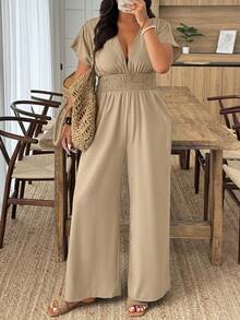 Breezaya Plus Size Solid Color Fashionable Summer Jumpsuit - Khaki - View 1