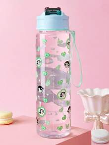 THE POWERPUFF GIRLS X SHEIN Bình nước 750 ml (25oz) có ống hút silicon và nắp chống tràn, thích hợp cho du lịch, tham quan và học tập. Chất liệu nhựa. - màu xanh lá - Xem 2
