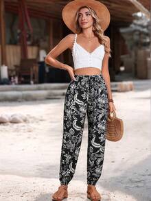 Breezaya Women's Tropical Plant Print Pocket Drawstring Waist Tapered Leg Pants, Spring/Summer - Black - View 4