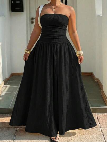 Muchica Plus Size Black Solid Minimalist Casual Tube Dress