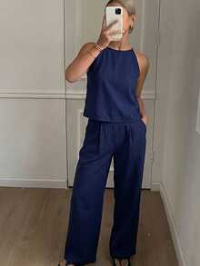Conjunto de 2 piezas de top de tirantes finos a rayas y pantalones para mujer, conjunto de prendas de estar en casa para mujer - Azul marino 7 - Ver 10