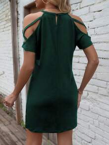 SHEIN LUNE 女士纯色露肩短袖休闲迷你连衣裙 - 墨綠色 - 查看 2
