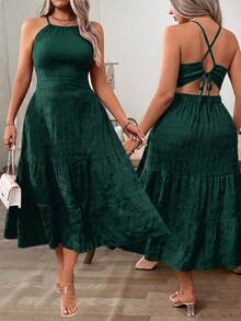 SHEIN Clasi Plus Size Red Off-Shoulder Maxi Dress - Dark Green - View 1