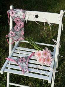 DAZY 2pcs Colorful Floral Lace Semi-Sheer Sexy Lingerie Set For Women - Pink - View 3