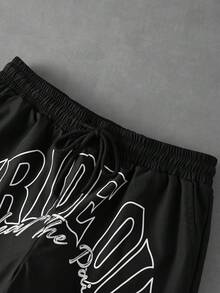 PAVTROS Men's Single-Breasted Short Sleeve Shirt And Letter Print Drawstring Waist Shorts Set - Black - View 6