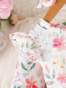 SHEIN Baby Girl Solid Color Patchwork Front Tie Long Sleeve Simple Dress - Pink - View 4