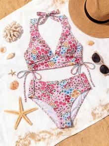 Swim Vcay Bộ bikini hai dây họa tiết hoa nhí dành cho nữ, thích hợp cho kỳ nghỉ biển lãng mạn. - Hồng - Xem 6
