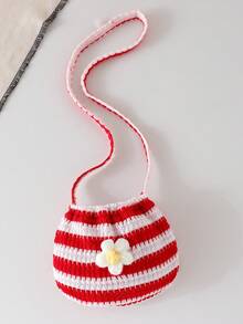 SHEIN Playful Pals 嬰幼女童 0-3歲可愛紅白條紋夏季度假無袖洋裝 3D花卉鳳梨條紋紋理套裝附斜背包 - 紅色 - 查看 7